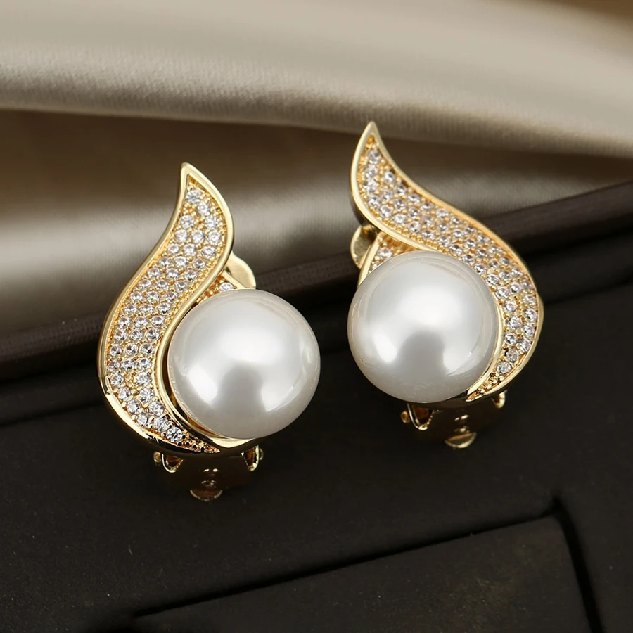 Korean Geometric Zircon Clip on Earrings For Women Exquisite Elegant Pearl Earrings Without Pierced Wedding Party Jewelry