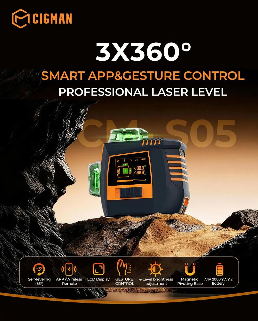 CIGMAN CM-S05 12-Linien-Lasernivelliergerät, Gestensteuerung, 3 × 360° ° Grüner Laser, ±3 ° Selbstnivellierend, LCD-Echtzeitanzeige, IP54 – Detail 1