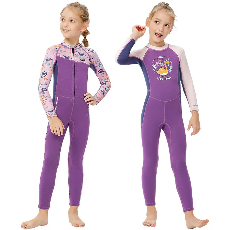 

2.5mm Girls Warm Wetsuit Neoprene Children's One-piece Swimsuit Long Sleeve Kids Swimwear Thick Cold-proof Swimming Diving Suit
