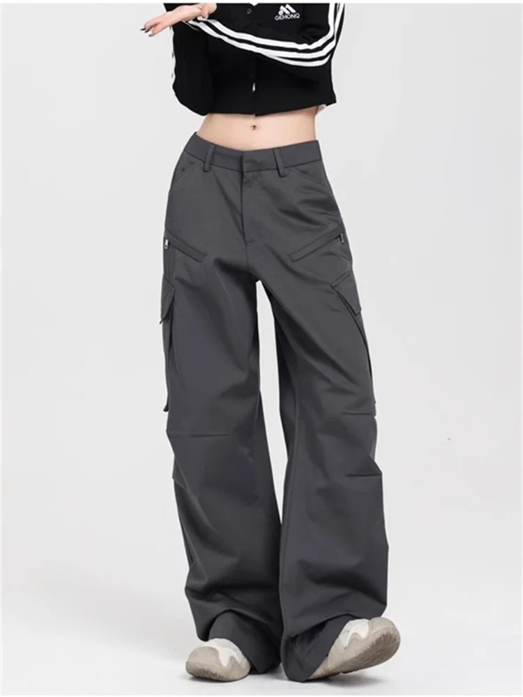 QWEEK Y2K Vintage Gray Cargo Pants Women Korean Fashion Wide Leg Trousers Oversized Streetwear Hip Hop Pleated Basic Pantalones