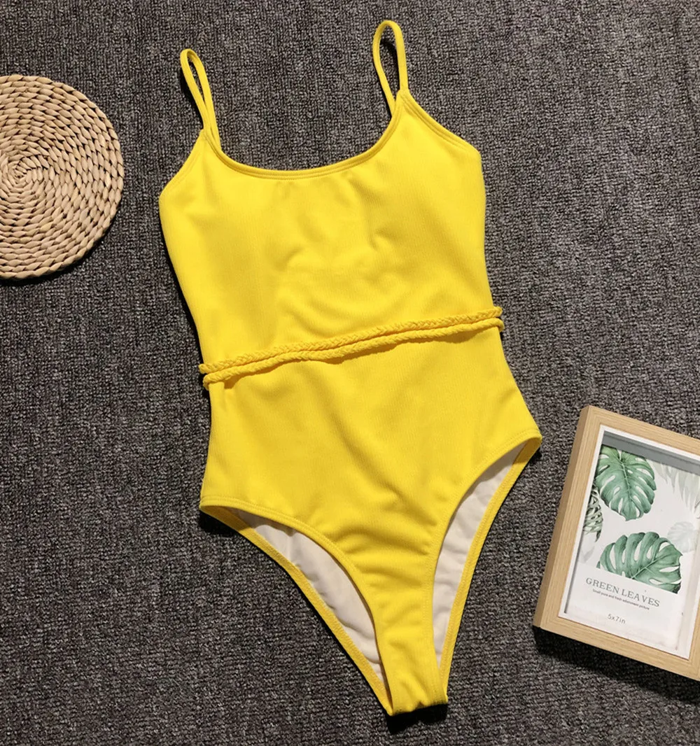 High Quality Swimsuits Solid Color Bandage Swimwear Women High Waist Brazilian Swimming Suit One Piece Monokini Summer Beachwear cute bikini sets