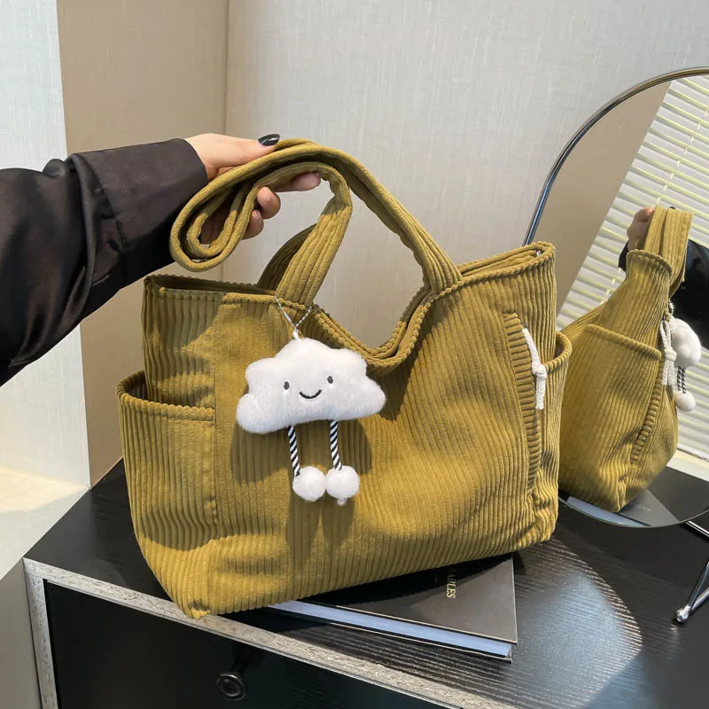 New Corduroy Tote Bag Fashionable Large Capacity Handbag Women Shoulder Bag Versatile Retro Student Class Bag with Zipper Pocket