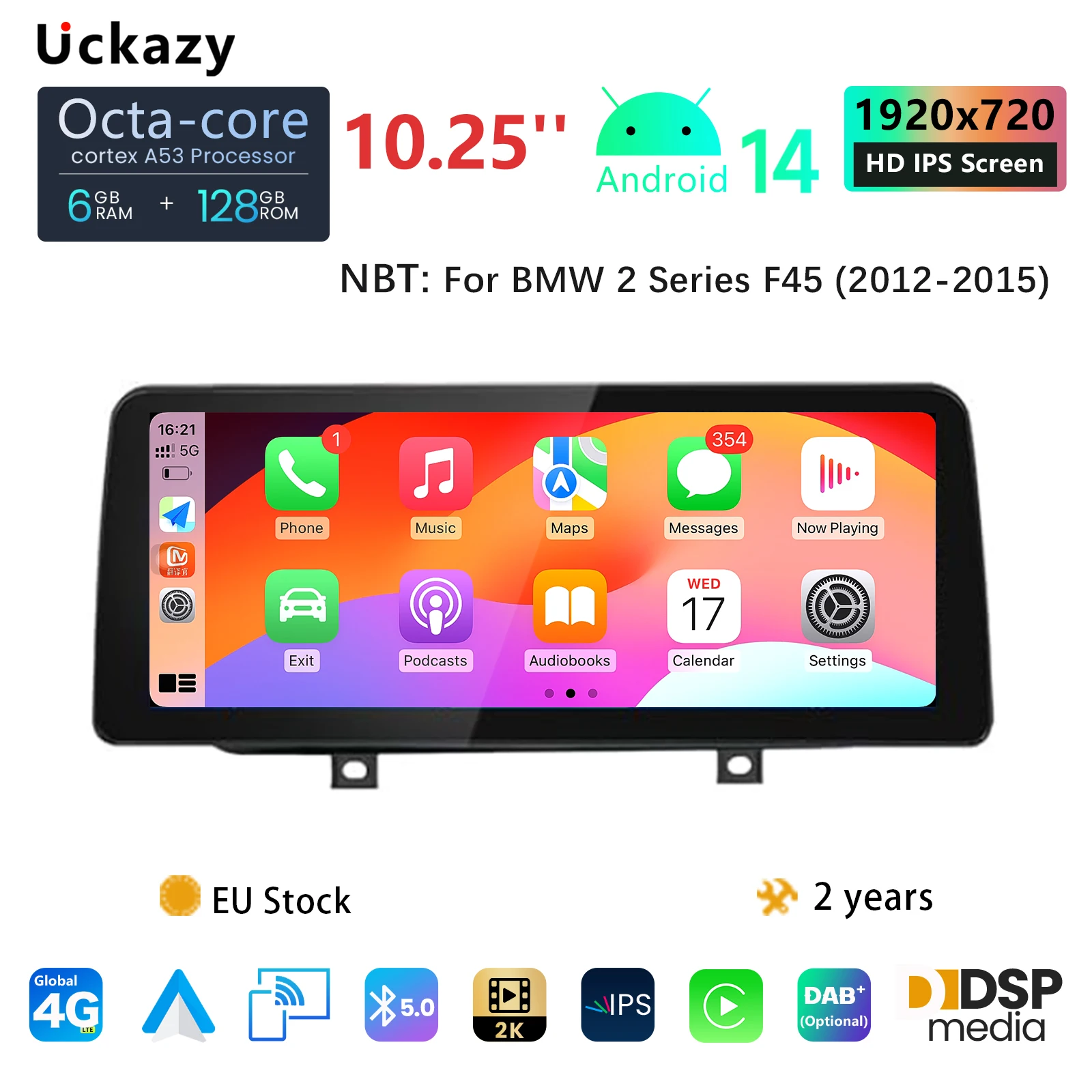 Radio para Auto Uckazy Android 14 de 10.25 Pulgadas para BMW F45 F46 F87 2013-2018, Carplay, Multimedia, GPS, Navegación, Estéreo, DSP, Pantalla, Unidad Principal, Audio 4G 1