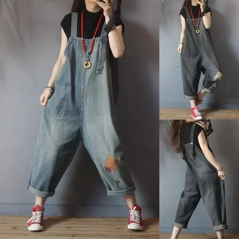 

New Spring Summer Casual Denim Straps Jumpsuit Loose Oversized Women Rompers Jeans Overalls Vintage Female Nine Cents Suspenders