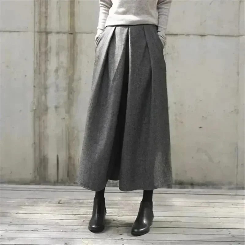 Autumn and Winter New Loose Wool Wide Leg Skirt Pants Women\'s High Waist Versatile Pleated Casual Pants Straight Leg Pants