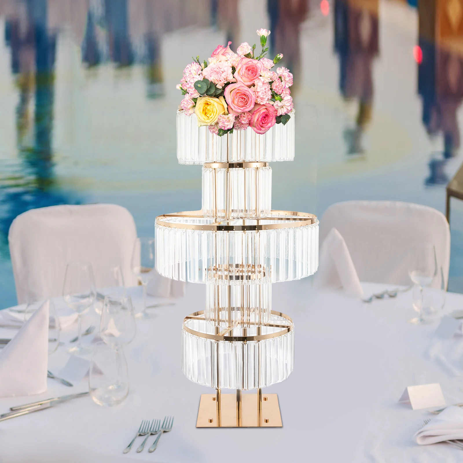 

5 Tier Gold Free Standing Crystal Flower Stand, For Coffee Shop Festival Birthday Party Wedding Centerpieces Stand Decoration