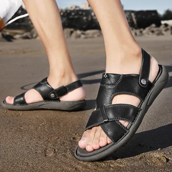 الصيف جلد أصلي للرجال الصنادل الكلاسيكية تنفس الانزلاق على الصنادل الرجال أحذية الشاطئ عادية شباشب لخارج المنزل Zapatos Hombre 6