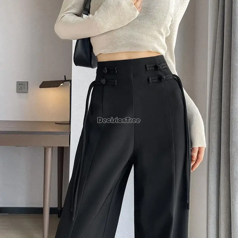 new chinese improved trousers oriental pan button suit pants for women high waist relaxed lady daily straight leg pants