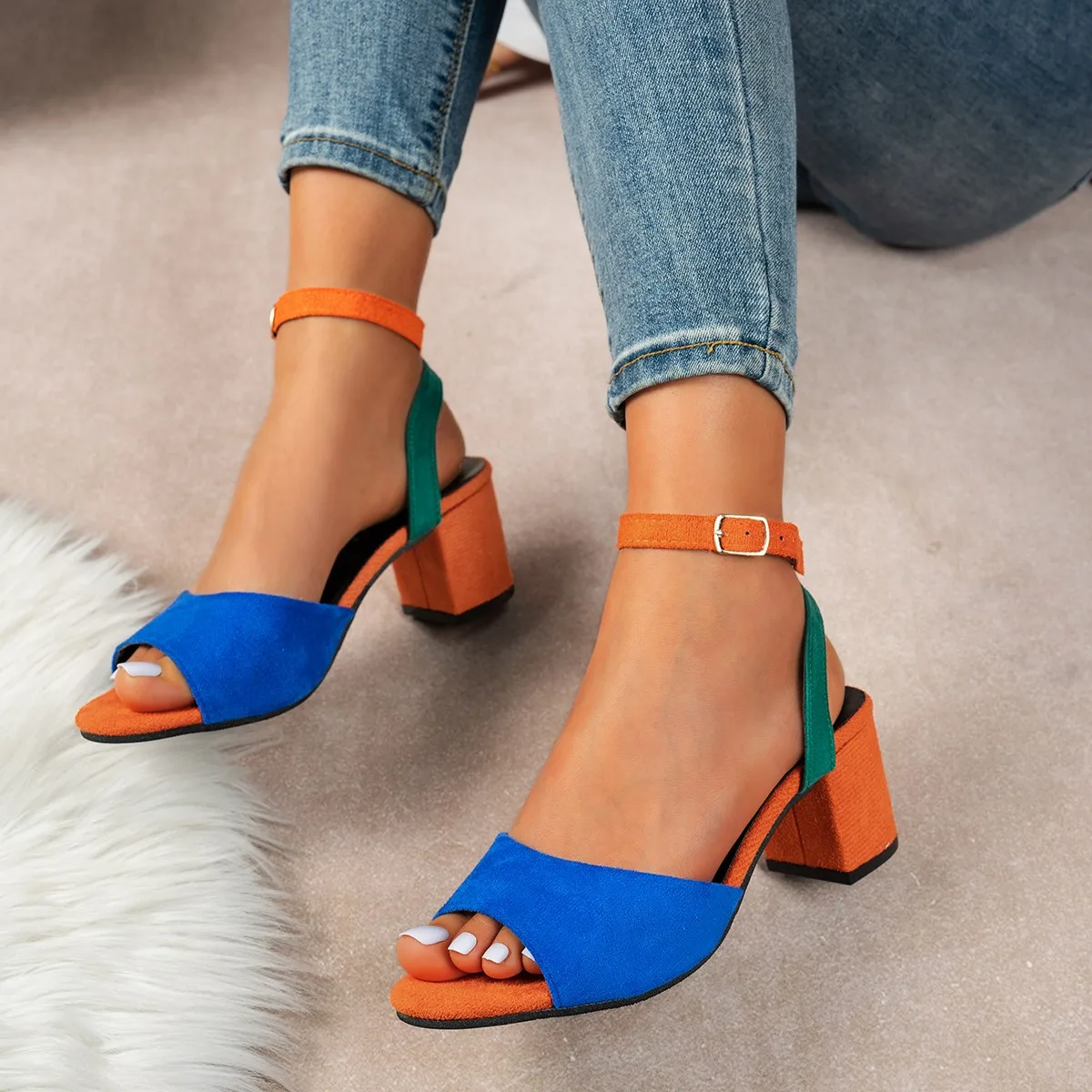 Fashion Block Heel Slingbacks Women Color Match Open Toe Pumps Elegant Office Ladies High Heels Women's Comfortable Sandals