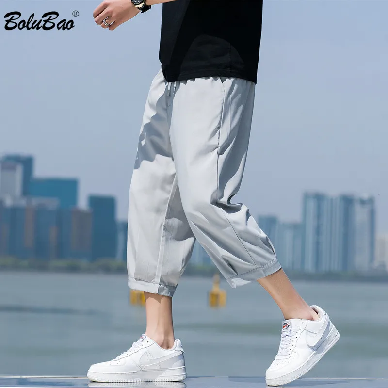 

BOLUBAO Summer Men Casual Pants Ice Silk Thin Solid Color Cropped Pants Fashion Hip Hop Street Sweatpants Male Loose Trousers