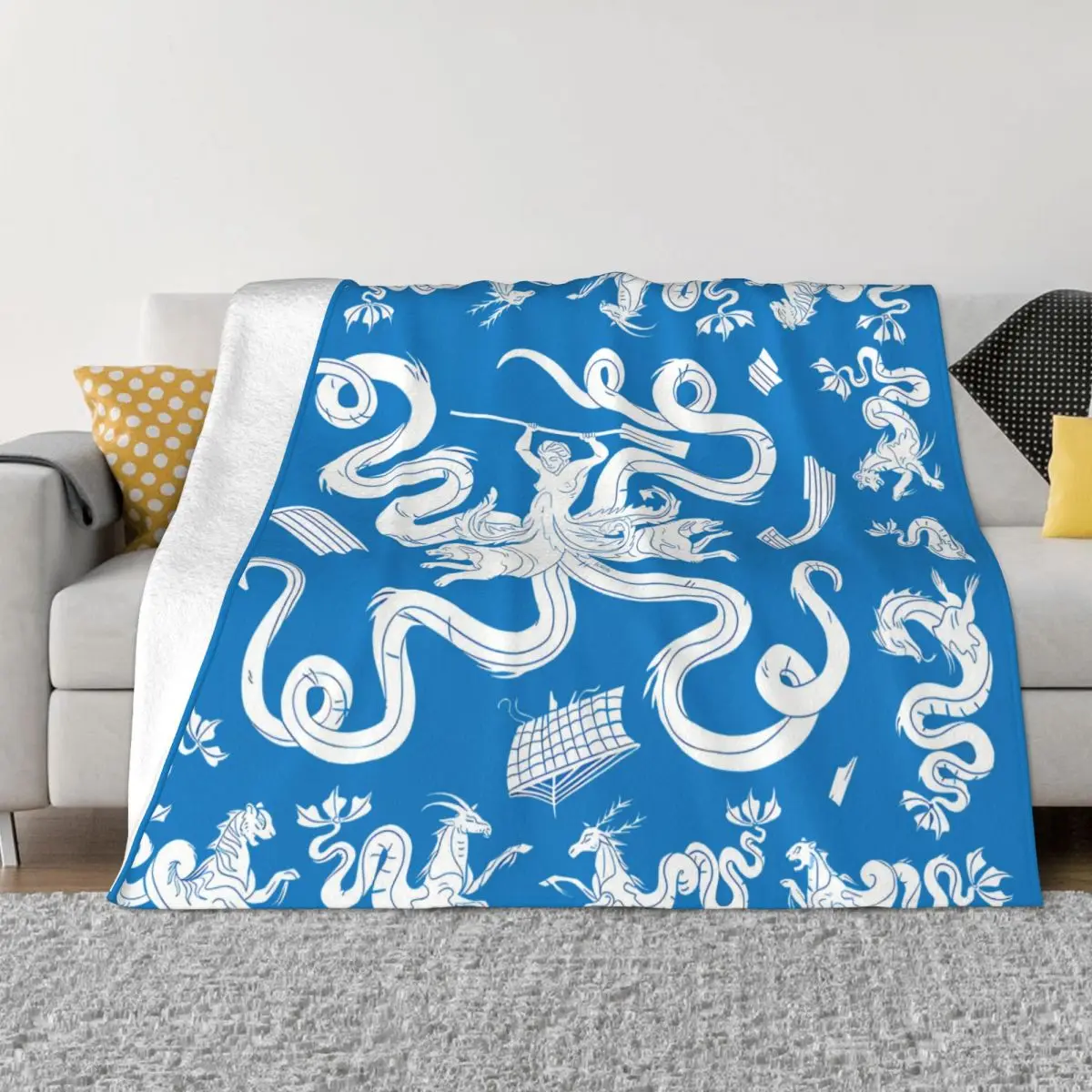

Ancient Romans Blanket Flannel Scylla Mosaic Blue Cozy Soft FLeece Bedspread
