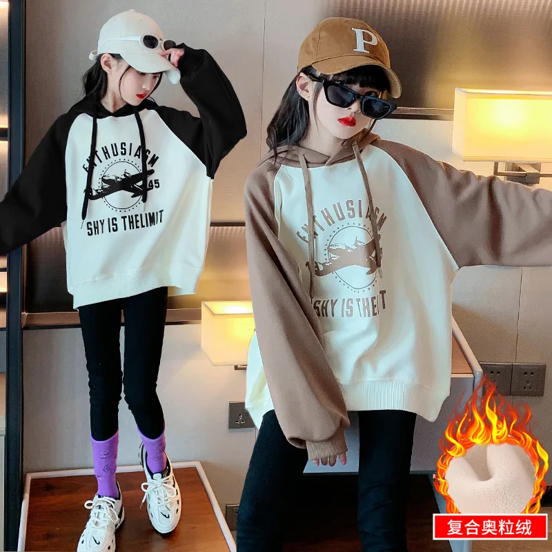 

New Korean Winter Fleece Thickened Top for Girls Patchwork Loose Pullovers Teens Fashion Letter Print Hooded Sweatshirt 4-14 Yrs