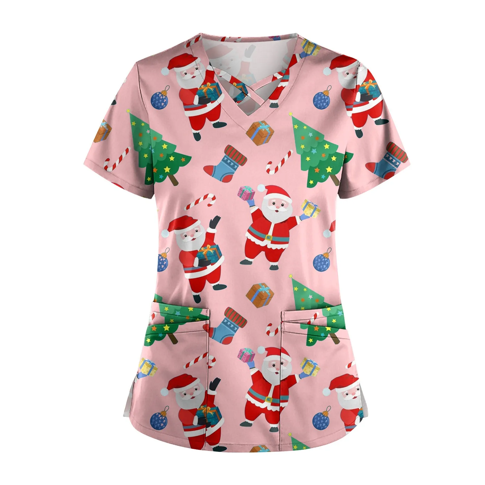 

Snowman Print Nurse Uniform Scrub Women Christmas Print Nursing Uniform Short Sleeve V-neck Tops Working Uniform Blouse Shirt