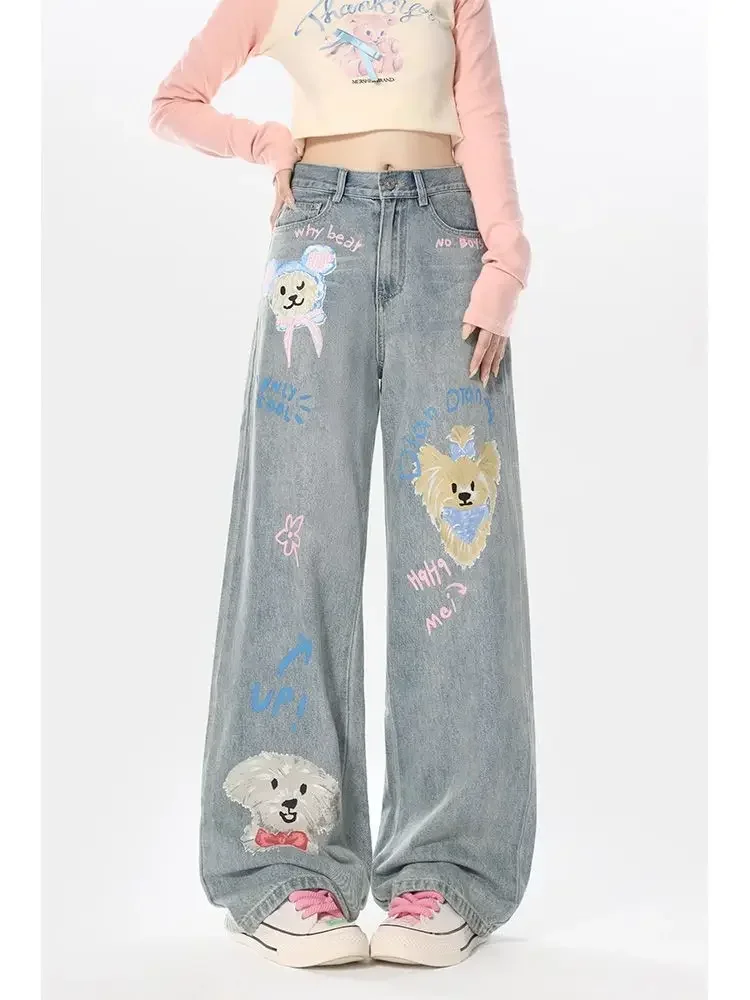 

Women Jeans Denim Pant Cute Cartoon Graphic Print Dog Jean Trouser high waist y2k pants harajuku casual bf boyfriend plus size