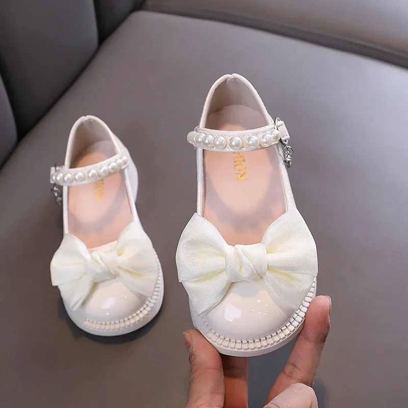 

New Children's Leather Shoes Fashion Girls Party Shoes Sweet Bowtie Kids Princess Causal Pearl Ballet Performance Dress Shoes