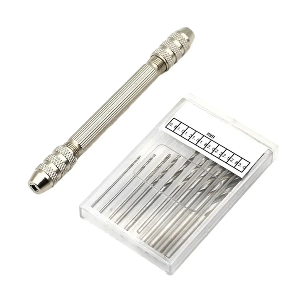 Hand Drill Double Chuck Head Handle Drill Bit Kit 0.3-3.2mm Bit Wire Tool for Jewelry Vise Craft Decor DIY Punching Hand Tool