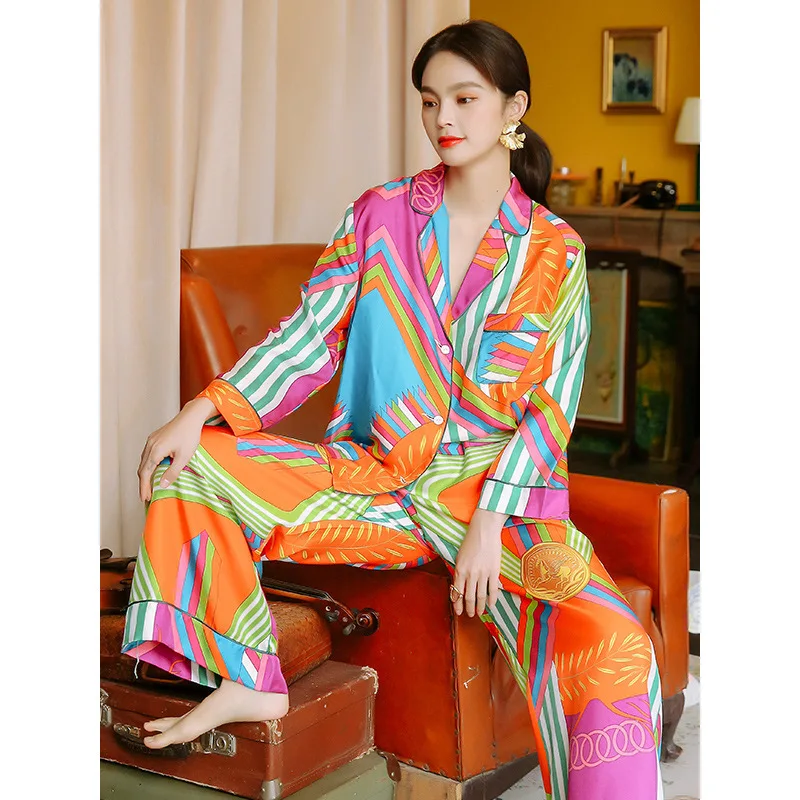 Women's pajamas long-sleeved trousers silk suit ladies two-piece suits женское бельё sleepwear