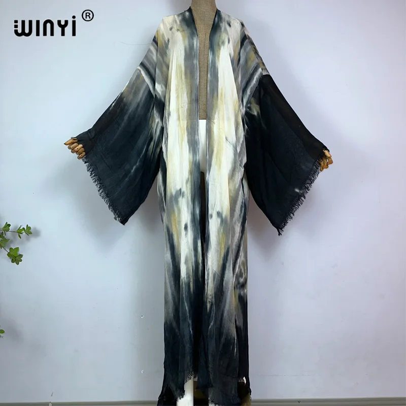 

WINYI kimono new boho beach summer tie-dye print Bikini cover-up sexy vestidos para playa long Sleeve swimsuit woman kaftan