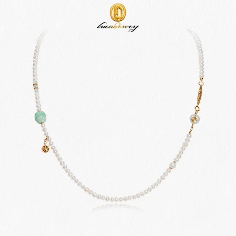

Natural Freshwater Pearl Necklace For Women's S Pure Silver Gold-Plated Jade Round Bead Enamel Color