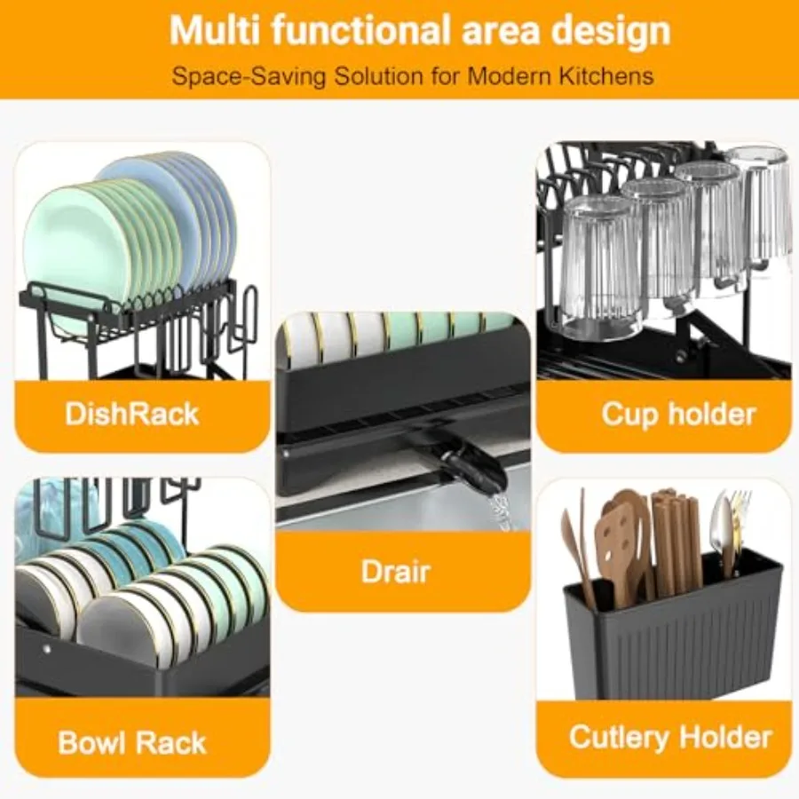 Large Dish Drying Rack2Tier Dish Rack for Kitchen Counter Stainless Steel Kitchen Dish Organizers and Storage with Cup Chopping