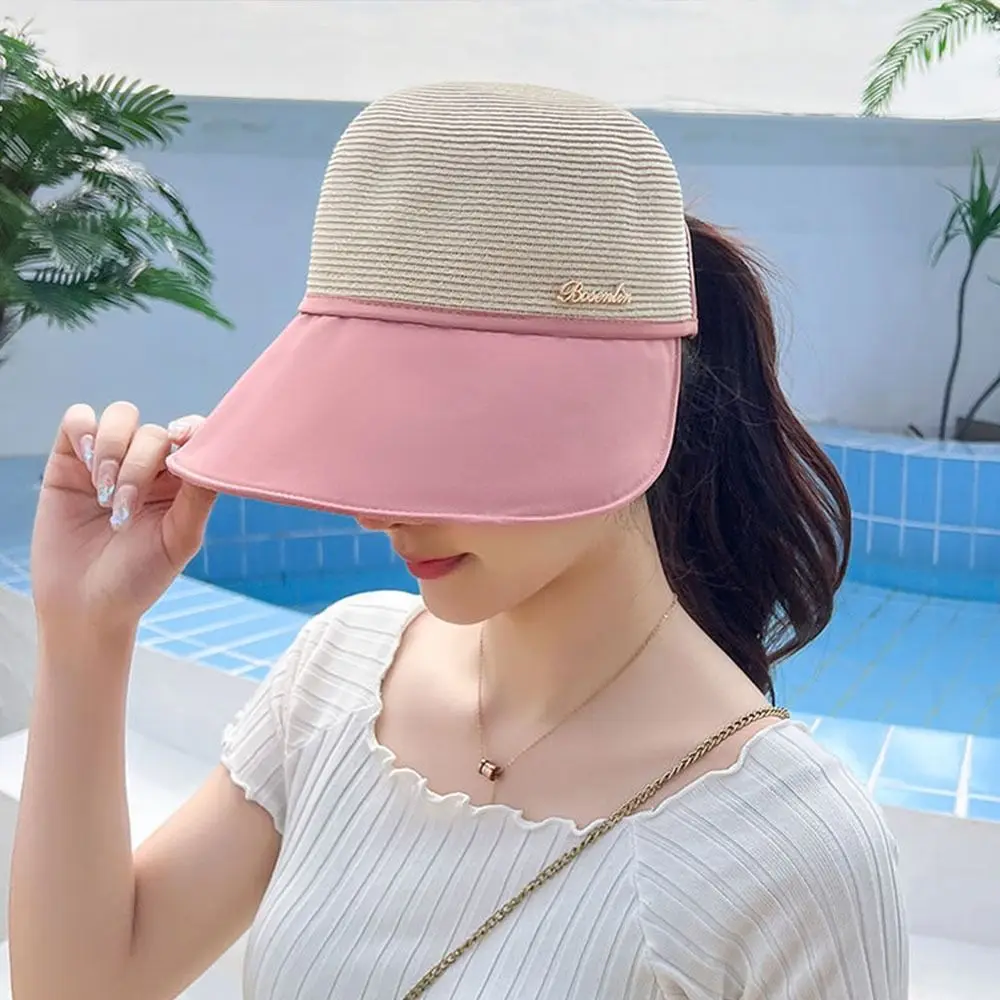 Summer Women Bucket Hat UV Protection Sun Hats Soft Foldable Wide Brim Outdoor Beach Hat Panama Cap Ponytail Cap 5