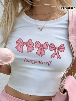 Y2k Bow Graphic Print Cropped Short Sleeve Crew Neck Casual Crop Top for Spring & Summer Women's Clothing T-shirt 1
