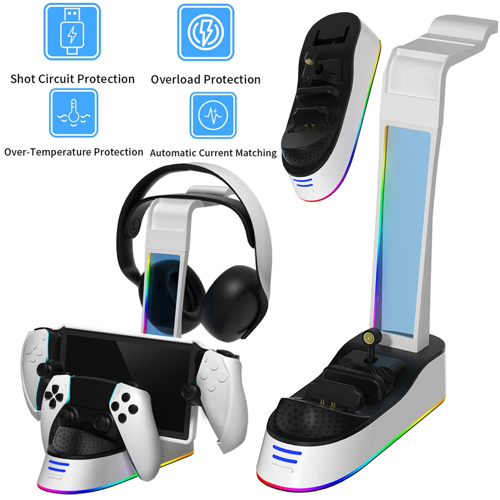 PS5 용 컨트롤러 충전기 도크, 플레이 스테이션 5 용 포털 충전 스탠드 스테이션, 헤드셋 포함, 거치대 RGB 라이트 충전 표시기
