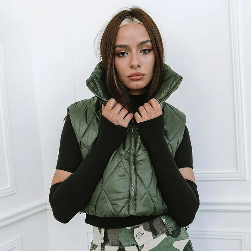 Solid Cotton Padded Vests Jacket Crop Top Women Stand Collar Sleeveless Drawstring Zipper Coat Autumn Winter Clothing Outwear women cotton padded clothes autumn winter new solid color zipper medium long hooded large wool collar plush cotton padded jacket