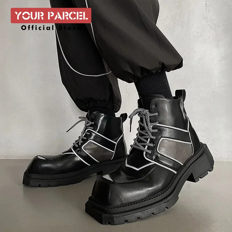 

New style punk square toe motorcycle boots for men, niche Martin boots, high-end thick soled reflective leather boots