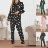 Women Satin Pajamas Cozy Lounge Set Winter Long Sleeve Buttons Lapel Top & Pants Loungewear 2 Piece Sleepwear Button-Down Pj Set 5