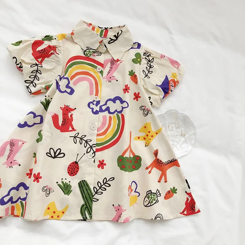 Girls Dress 2-8T Toddler Kid Baby Girl Summer Clothes Short Sleeve Rainbow Graffiti Print T Shirt Dress Fashion Infant Outfit