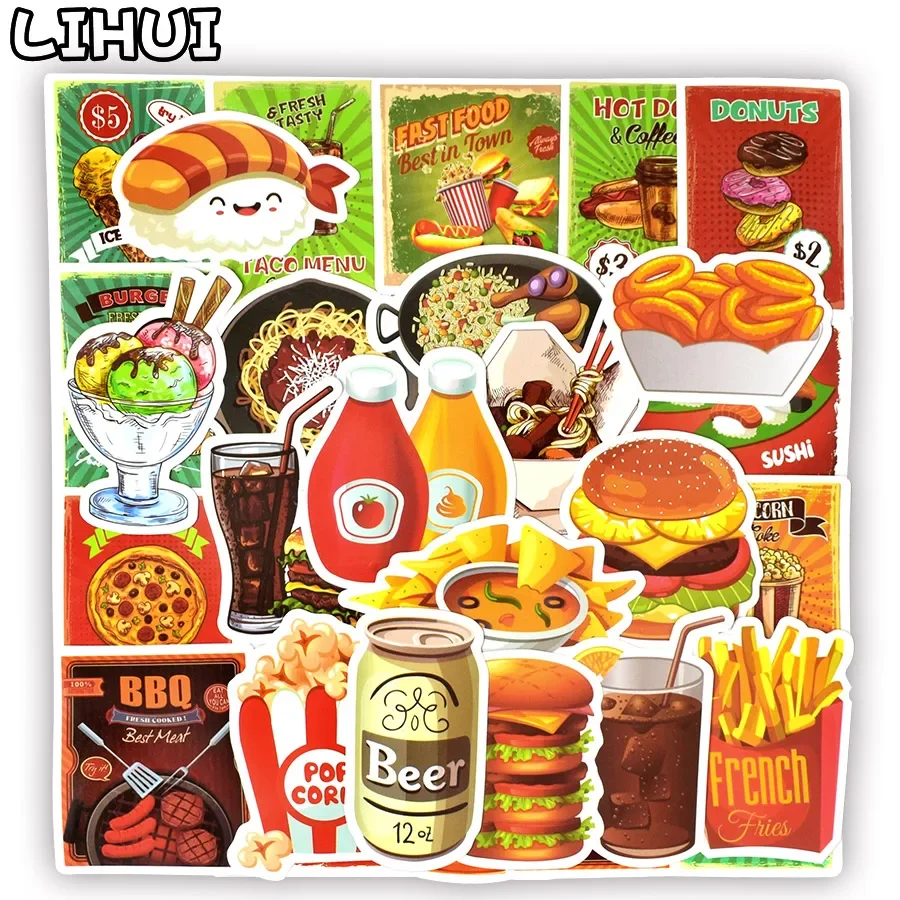 50 PCS Tasty Fast Food Stickers Toys for Children Hamburger Fries Pizza Decal Sticker Toy Gift to DIY Car Fridge Laptop Suitcase