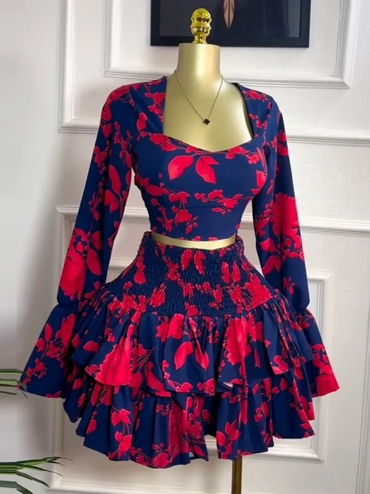 Wmstar Two Piece Set Women Wholesale Clothing 2025 Sweet Fresh Printed Square Neck Long Sleeved Shirt High Waisted Ruffled