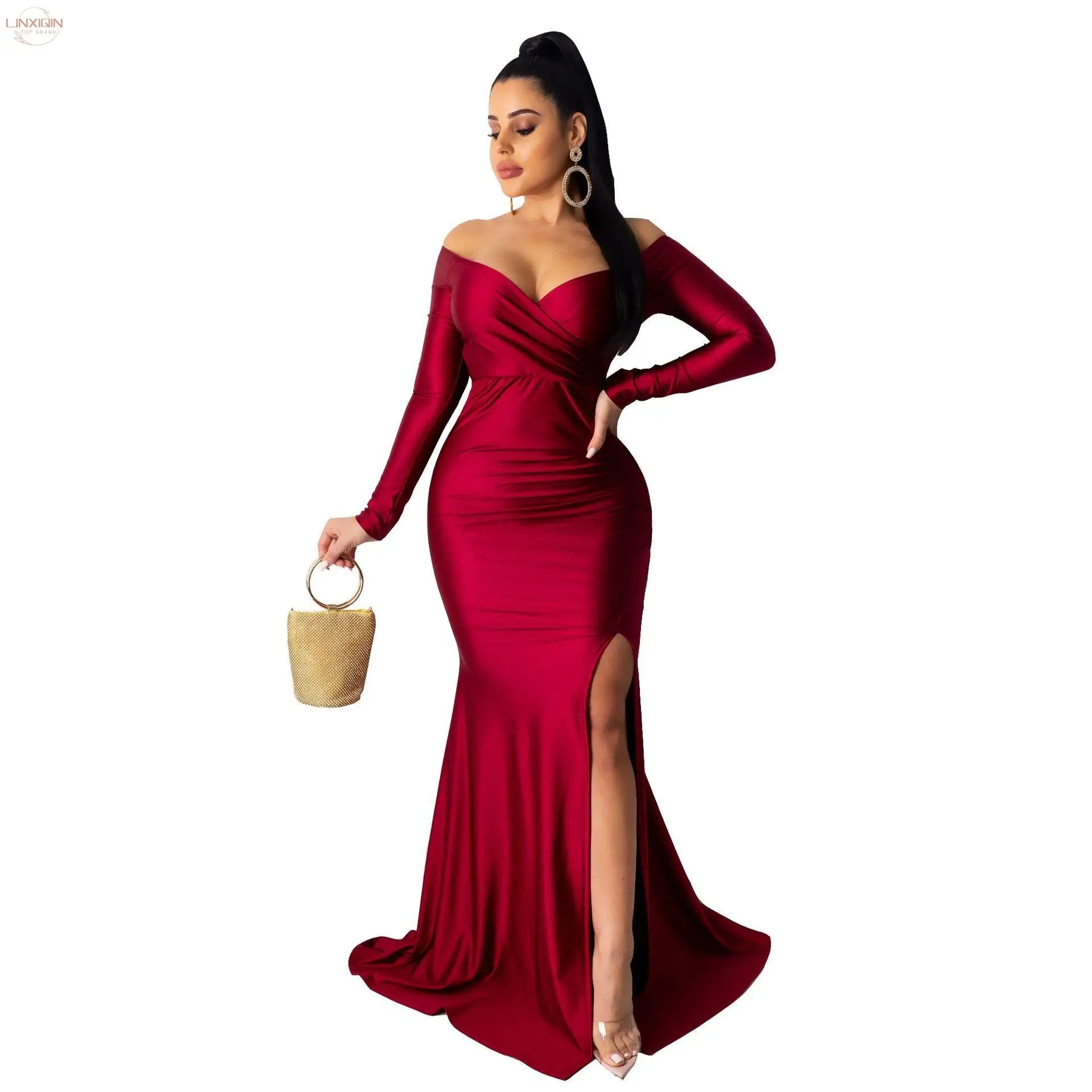 

Autumn Winter Women Off Shoulder Plunging V-neck High Side Split Mermaid Maxi Dress Sexy Night Party Club Long Dresses