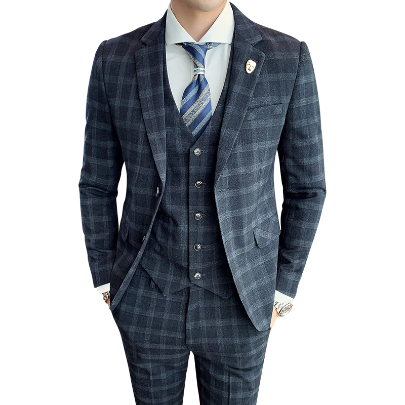 Plaid  (suit + Waistcoat + Trousers) Wedding Dress Fashion and Handsome Fashion British Style Slim-fit Business Three-piece Set 5
