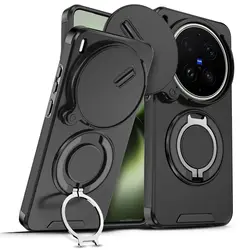 Luxury Heavy Armor Case with Sliding Lens Protection - Matte Hard Cover with Ring Holder and Shockproof Design for Vivo X300 (Black)