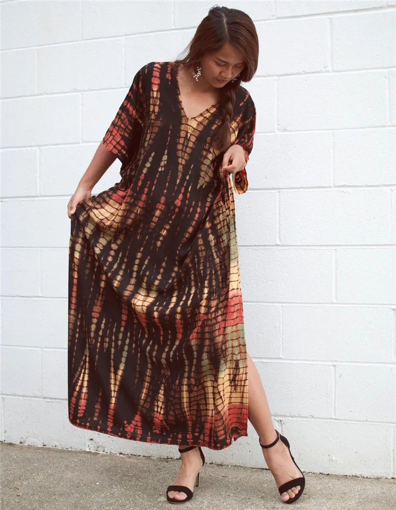 Fashion Casual Striped Print Long Dresses Women Bohemian V-neck Bat Sleeve Loose Slit Beach Dress Summer New Beachwear Vestidos 84 Fashion Casual Striped Print Long Dresses Women Bohemian V-neck Bat Sleeve Loose Slit Beach Dress Summer New Beachwear Vestidos