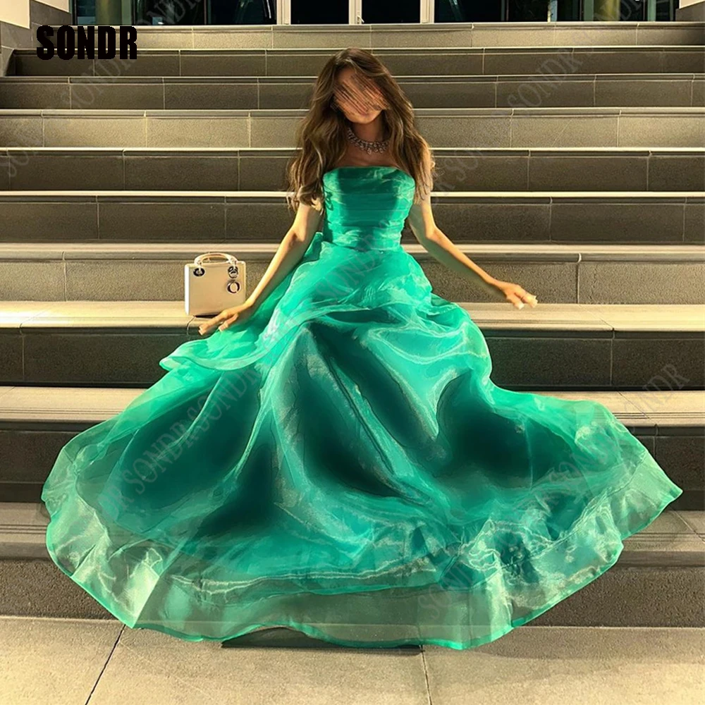 

SONDR Saudi Arabic Green Organza New Evening Dresses Strapless A-Line Long Prom Dress Dubai Women Formal Party Gowns 2023