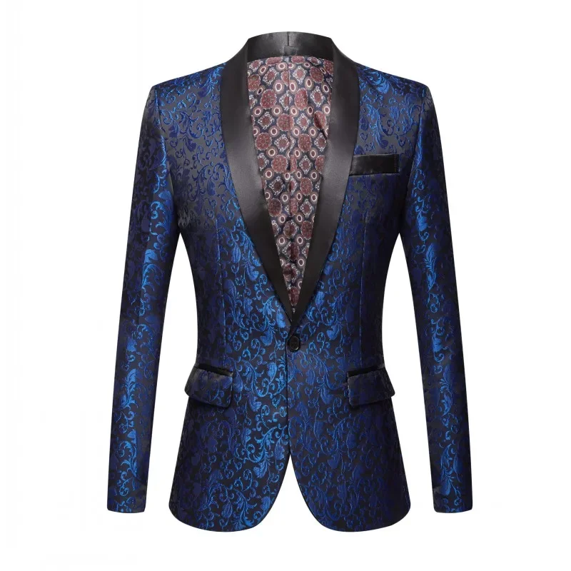 

New Pink Royal Blue Burgundy Floral jacquard Tuxedos Shawl Lapel Men Suits Wedding Groom Prom Slim Fit Tuxedo Party Dinner