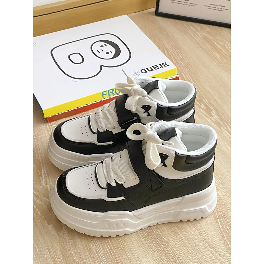 Leather High 6cm Thick Sole Women Casual Shoes Spring High Rise Thick Sole Sports Shoes Lace-up Mixed Colors Women Shoes 24-160