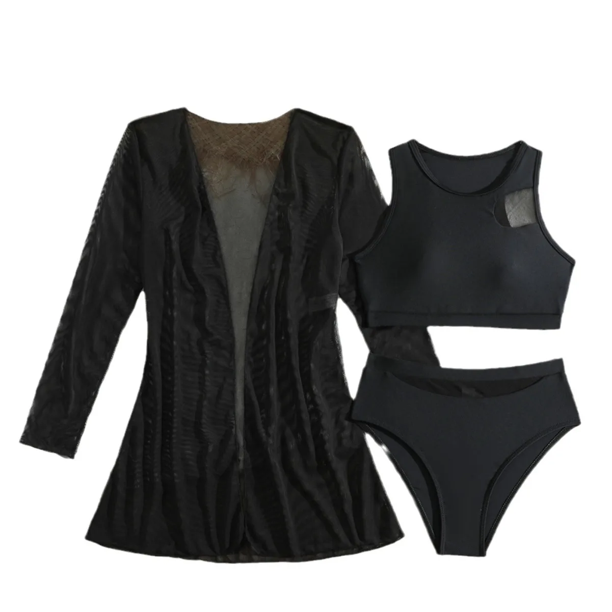 Girls 3pack Black High Waist Bikini Kids Swimsuit&Kimono 7-12 Years Children's Swimwear Teens High Neck Bathing Suit Summer
