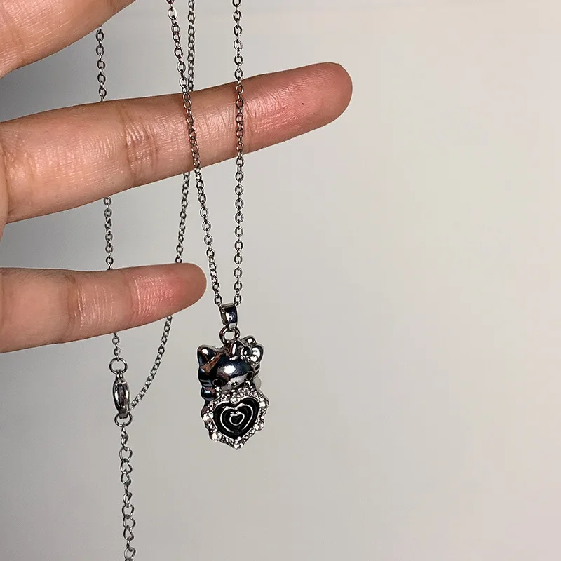 Kawai Hello Kitty Necklace Sanrio Sweet Full Diamond Hello Kitty Flower Necklace Fashion Couple Jewelry Girl Festival Gift
