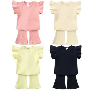 Korean Style Summer Kids Bell Bottoms Cool Pleated Tops Casual Set Little Girl's Suit with Flying Sleeves Fashion Toddler Sets