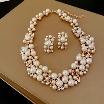 3-Piece Pearl & Rhinestone Jewelry Set – Vintage Earrings and Choker Necklace for Women Wedding or Party