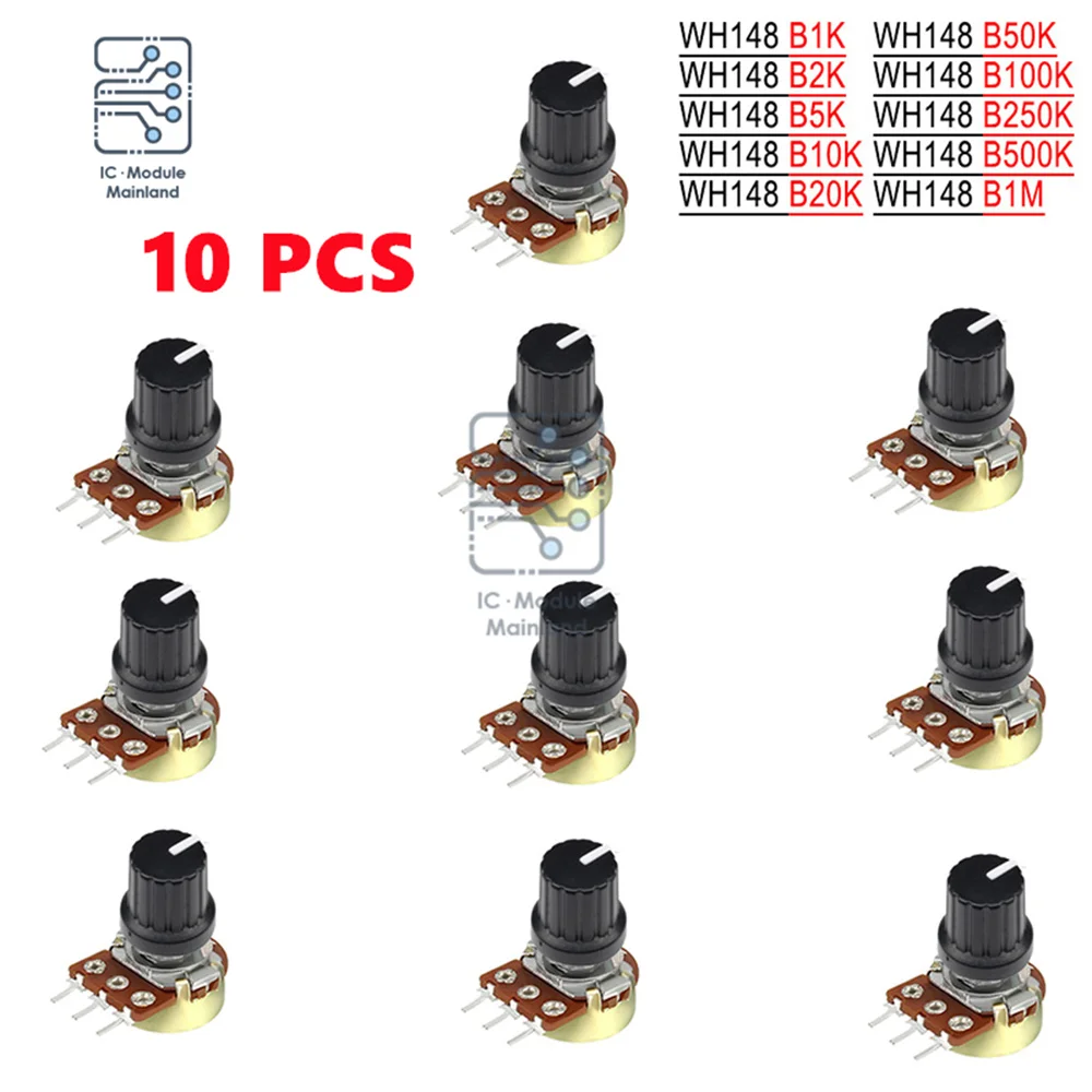 10Pcs/Set WH148 1K 10K 20K 50K 100K 500K Ohm 15mm 3Pin Linear Taper Rotary Potentiometer Resistor for Arduino With AG2 Black Cap