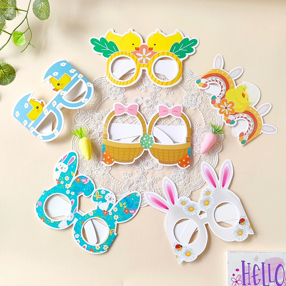 

12pcs Easter Party Fun Glasses Frame Bunny Ears Chick Egg Shape Paper Photo Glasses for Kids favor Happy Easter Party Decoration