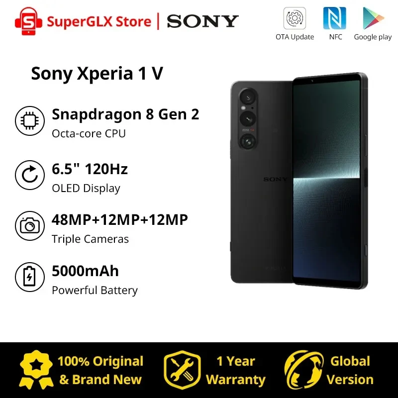 

2023 Original Sony Xperia 1 V 5G Snapdragon 8 Gen 2 Factory Unlocked 6.5” 4K 120Hz OLED Display 5000mAh Battery Android 13