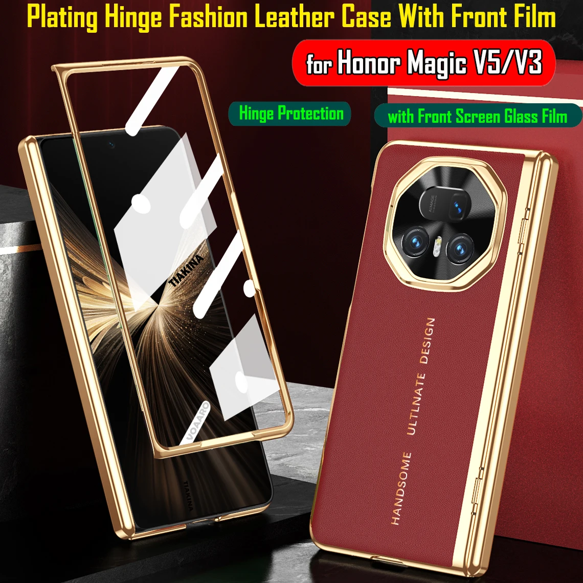 Plating Leather  with Hinge Protection and Front Screen Glass Film