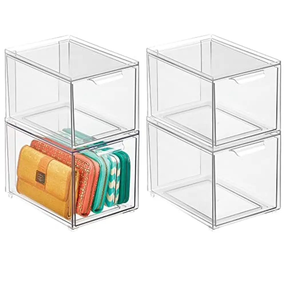 

Clear Plastic Stackable Drawer Organizer Bin Set of 4 Closet Storage Box Shoes Accessories Toys Books Compact Versatile Design