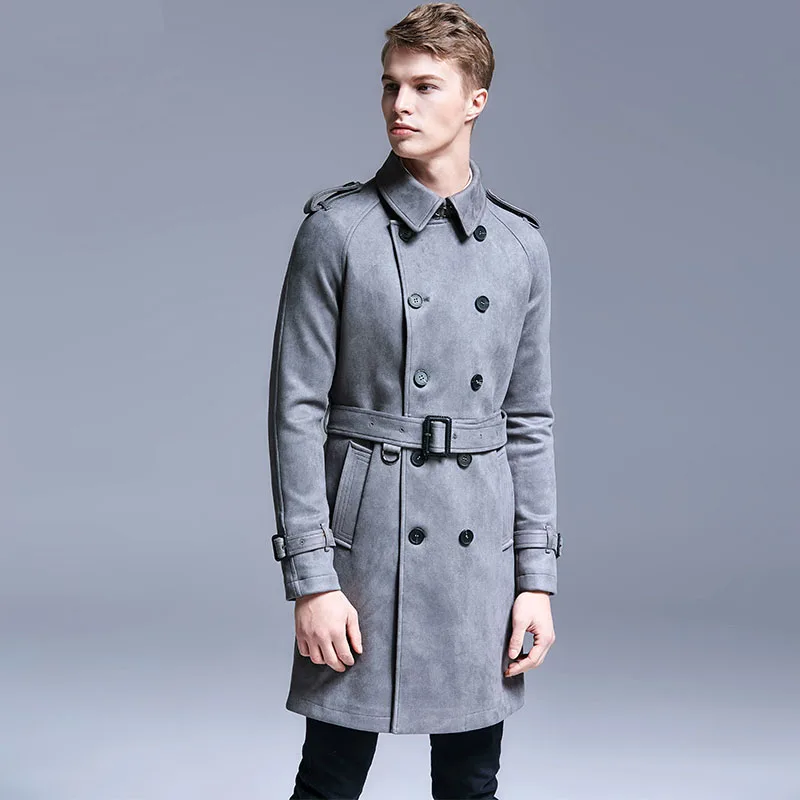Autumn Winter Simple British Trend Deerskin Windbreaker Men Double Breasted Loose Overcoat Europe Youth Medium Length Wind Coat